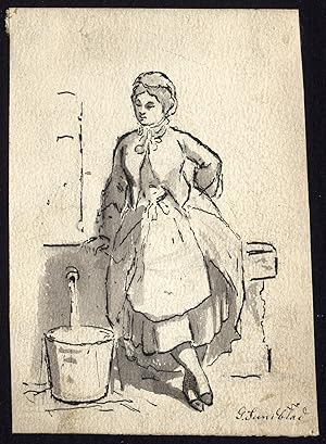 Antique Drawing-YOUNG LADY AT WELL-Sundblad-ca. 1870