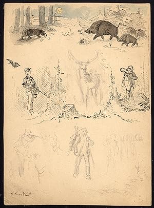 Antique Drawing-DESIGN-HUNTING SCENES-BADGER-BOAR-Sundblad-ca. 1870