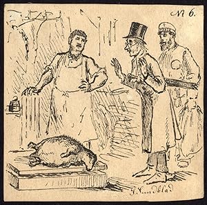 Antique Drawing-CARTOON-SATIRE-BUTCHER-SHEEP-Sundblad-ca. 1870
