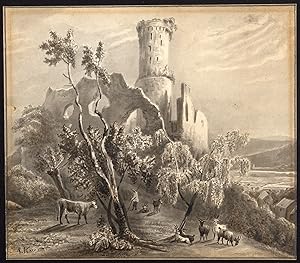 Antique Drawing-LANDSCAPE-CASTLE RUIN-HERDSMAN-RHINE VALLEY-Knip-ca. 1852