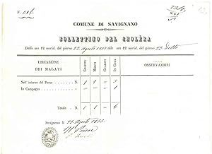 Bollettino (giornaliero) del Cholèra. Comune di Savignano li 23 Agosto 1855 Epidemia colera
