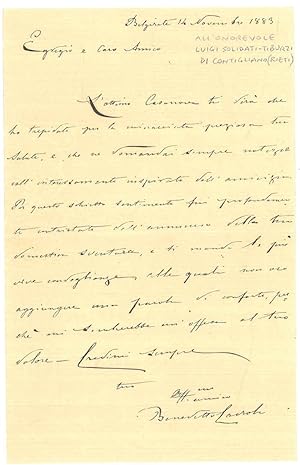 Lettera manoscritta all'onorevole Luigi Solidati-Tiburzi del 14 novembre 1883