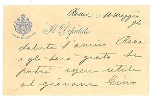 Biglietto da visita intestato con stemma Camera dei Deputati. Roma 10 Maggio 94 (1894)