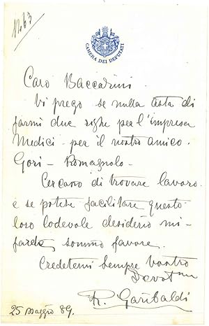 Lettera su carta intestata con stemma, della Camera dei Deputati, datata 9 maggio 89 (1889).