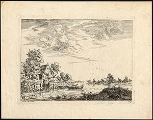 Antique Master Print-RIVER-LANDSCAPE-ROWING-BOAT-von Hagedorn-1744