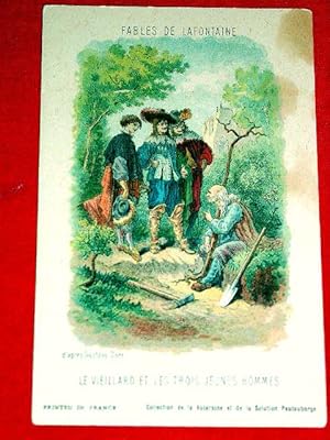 Imagen del vendedor de Carte Publicitaire illustre en couleur d'aprs Gustave Dor - Le Vieillard et les trois jeunes Hommes - Texte de la Fable imprim au dos de la carte - a la venta por JOIE DE LIRE