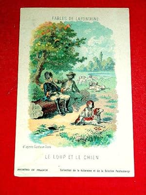 Imagen del vendedor de Carte Publicitaire illustre en couleur d'aprs Gustave Dor - Le Loup et le Chien - Texte de la Fable imprim au dos de la carte - a la venta por JOIE DE LIRE