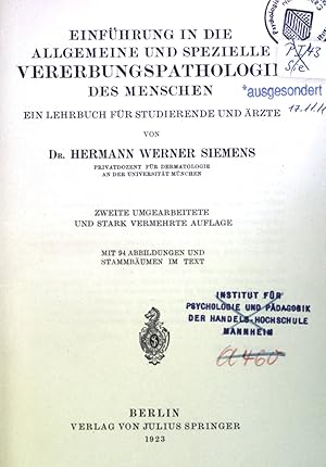 Bild des Verkufers fr Einfhrung in die Allgemeine und spezielle Vererbungspathologie des Menschen. zum Verkauf von books4less (Versandantiquariat Petra Gros GmbH & Co. KG)