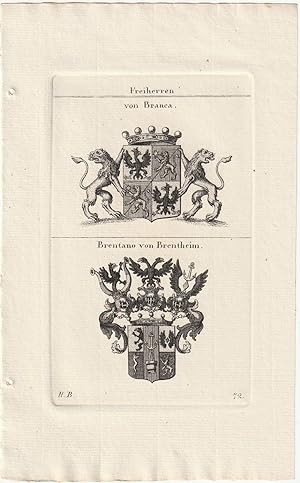 Imagen del vendedor de Freiherren von Branca / Brentano von Brentheim. 2 Kupferstich-Wappen auf 1 Blatt. a la venta por Antiquariat Dennis R. Plummer