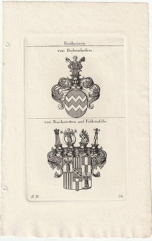 Imagen del vendedor de Freiherren von Bubenhofen / von Buchstetten auf Falkenfels. 2 Kupferstich-Wappen auf 1 Blatt. a la venta por Antiquariat Dennis R. Plummer