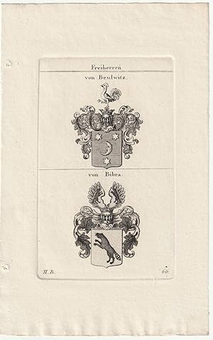 Imagen del vendedor de Freiherren von Beulwitz / von Bibra. 2 Kupferstich-Wappen auf 1 Blatt. a la venta por Antiquariat Dennis R. Plummer