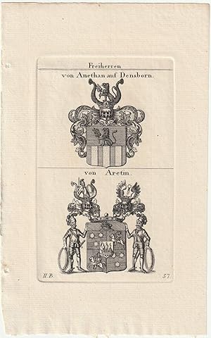 Freiherren von Anethan auf Densborn / von Aretin. 2 Kupferstich-Wappen auf 1 Blatt.