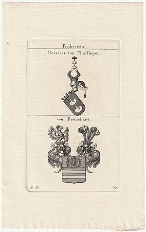 Immagine del venditore per Freiherren Besserer von Thalfingen / von Bettschart. 2 Kupferstich-Wappen auf 1 Blatt. venduto da Antiquariat Dennis R. Plummer