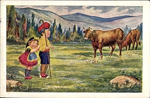 Bild des Verkufers fr Knstler Ansichtskarte / Postkarte Kinder begegnen einem Stier, Erschrockenes Mdchen zum Verkauf von akpool GmbH