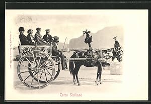 Cartolina Carro Siciliano, italienische Männer und Frauen fahren mit der Kutsche