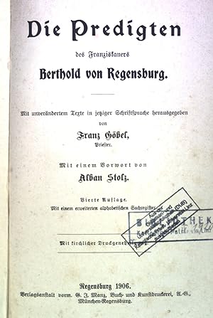 Bild des Verkufers fr Die Predigten des Franziskaners Berthold von Regensburg. zum Verkauf von books4less (Versandantiquariat Petra Gros GmbH & Co. KG)