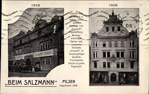 Bild des Verkufers fr Ansichtskarte / Postkarte Pilsen Stadt, Gasthaus beim Salzmann, 1858 und 1908 zum Verkauf von akpool GmbH