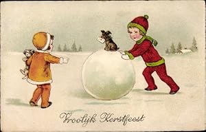 Bild des Verkufers fr Litho Glckwunsch Weihnachten, Zwei Kinder bauen einen Schneemann, Hunde zum Verkauf von akpool GmbH