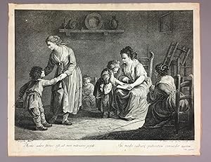 18th Century Master Engraving: Scene in a schoolroom with children being taught to read; on the l...