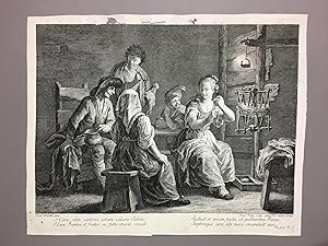 18th Century Master Print Woman with a Distaff Spins Wool