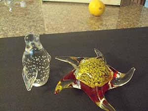 Hand Crafted Art Glass Star Fish and Penguin Paperweight- NICE