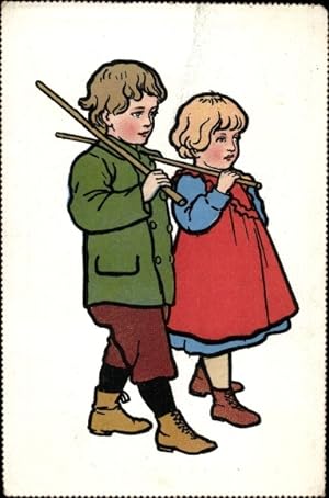 Bild des Verkufers fr Knstler Ansichtskarte / Postkarte Mdchen im roten Kleid und sein guter Freund im grnen Mantel, Spaziergang zum Verkauf von akpool GmbH