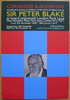 Peter Blake private view card for an exhibition of 'silk screen and digital prints'. Signed and n...