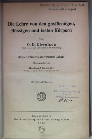 Bild des Verkufers fr Lehrbuch der Physik: ERSTER BAND, zweite Abteilung: Die Lehre von den gasfrmigen, flssigen und festen Krpern. zum Verkauf von books4less (Versandantiquariat Petra Gros GmbH & Co. KG)