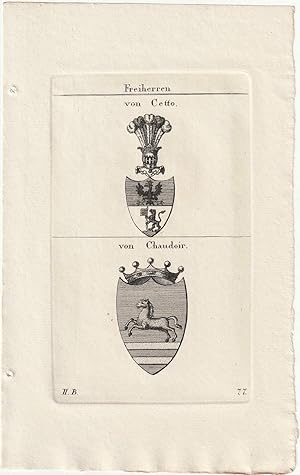 Imagen del vendedor de Freiherren von Cetto / von Chaudoir. 2 Kupferstich-Wappen auf 1 Blatt. a la venta por Antiquariat Dennis R. Plummer