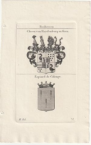 Imagen del vendedor de Freiherren Closen von Haydenburg zu Gern / Espiard de Colonge. 2 Kupferstich-Wappen auf 1 Blatt. a la venta por Antiquariat Dennis R. Plummer