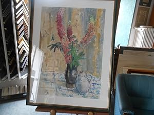 Lupinen- Still- Leben. Original- Aquarell aus dem Jahre 1959. Blumenvase mit rosa- roten Lupinen,...