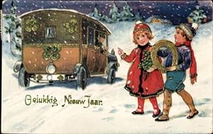 Ansichtskarte / Postkarte Glückwunsch Neujahr, Kinder, Wagen, Hufeisen, Glücksklee