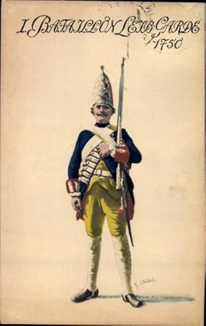 Künstler Ansichtskarte / Postkarte I. Bataillon Leib Garde 1750, Soldat in Uniform, Bajonett