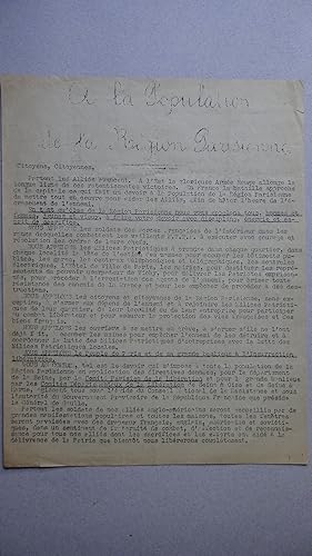 A la population de la Région parisienne. Nous appelons le peuple de Paris et de sa grande banlieu...