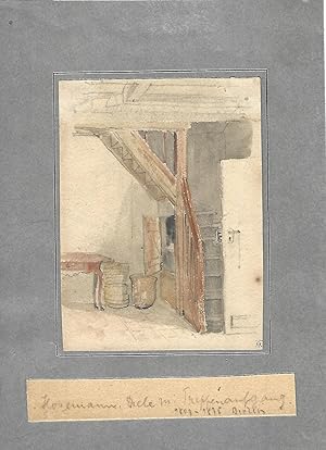 Diele und Treppenaufgang. Kol. Bleistiftskizze. Um 1860.