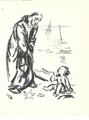 Augustinus und der Knabe am Meer. Originallithographie von Karl Caspar, München. Um 1919.