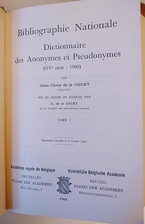 DICTIONNAIRE DES ANONYMES ET PSEUDONYMES (XV ème - 1900)-Tome 1 (le seul publié)