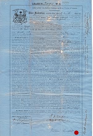 Image du vendeur pour CANADA COMPANY INDENTURE. This Indenture, made the Twenty ninth day of January A.D. 1890, in pursuant of the Act respecting Short Forms of Leases, between THE CANADA COMPANY , herein called the Lessors of the first part, and WILLIAM CAMPBELL of the Township of Montague in the end of the County of Lanark and Province of Ontario - Farmer-herein called the Lessee, of the second part. Witness that the Lessors have demised and leased.all that parcel or tract of land, as described to the Lessors, by Patent from the Crown, being composed of of the Rear half of lot number three (R1/23) in the Sixth (6th) Concession.containing one hundred acres be the same more or less.for and during the term of Five Year years to be commuted from the first day of N. mis en vente par J. Patrick McGahern Books Inc. (ABAC)
