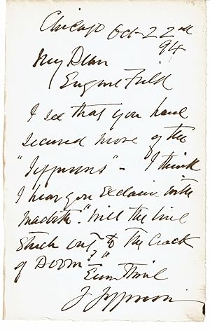 AUTOGRAPH LETTER SIGNED by the 19th Century American Actor JOSEPH JEFFERSON to the author & poet ...