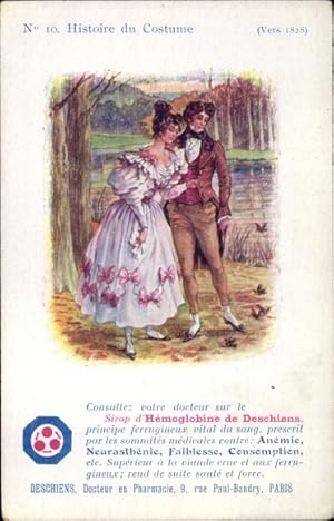 Ansichtskarte / Postkarte Historie du Costume, Vers 1828, Sirop d'Hemoglobine de Deschiens, Werbung