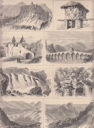 Skizzen aus Bosnien. Schönes Sammelblatt mit 8 Abbildungen. Zeigt: 1. Festung Jajce. 2. Hölzerner...