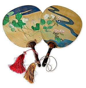 [Two hand-painted round fans (uchiwa) in original woodblock-printed covers]. Tokyo, Haibara Naoji...