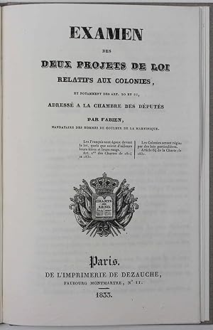 Examen des deux projets de loi relatifs aux colonies, et notamment des art. 20 et 21, adressé à l...