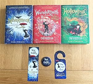 Imagen del vendedor de RARE Nevermoor Signed - WundeRsmith Signed and Lined - Hollowpox Signed and Lined - The Trials of Morrigan Crow Series with Large Badge - Bookmark.- Door Hangar New UK Hardcovers 1st Prints a la venta por UKBookworm