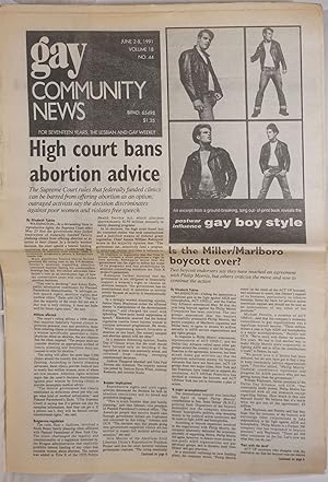 Imagen del vendedor de GCN: Gay Community News; the weekly for lesbians and gay males; vol. 18, #44, June 2-8, 1991: High Court Bans Abortion Advice a la venta por Bolerium Books Inc.