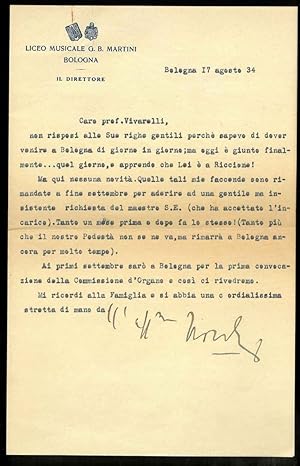Lettera dattiloscritta al Prof. Vivarelli datata 17 agosto 34