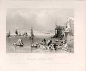 Prescott, from Ogdensburgh Harbour. (B&W engraving).
