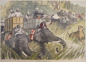 kol. Holzstich - Eine Tigerjagd: Der kritische Moment ( Jagd Tiger Elefant Indien )