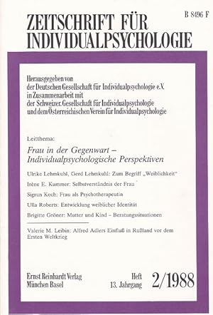 Bild des Verkufers fr Zeitschrift fr Individualpsychologie. Heft 2/1988, 13. Jahrgang. Leitthema: Frau in der Gegenwart - Individualpsychologische Perspektiven. Hrsg. von: Deutsche Gesellschaft fr Individualpsychologie e.V., in Zusammenarbeit mit der Schweizerischen Gesellschaft fr Individualpsychologie und dem sterreichischen Verein fr Individualpsychologie. zum Verkauf von Fundus-Online GbR Borkert Schwarz Zerfa