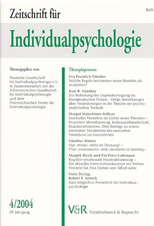 Immagine del venditore per Zeitschrift fr Individualpsychologie. Heft 4/2004, 29. Jahrgang. Therapieprozess. Hrsg. von: Deutsche Gesellschaft fr Individualpsychologie e.V., in Zusammenarbeit mit der Schweizerischen Gesellschaft fr Individualpsychologie und dem sterreichischen Verein fr Individualpsychologie. venduto da Fundus-Online GbR Borkert Schwarz Zerfa